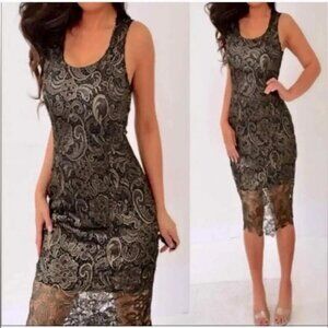 Sans Souci Black Gold Floral Lace Sheath Formal Cocktail Evening Dress Small